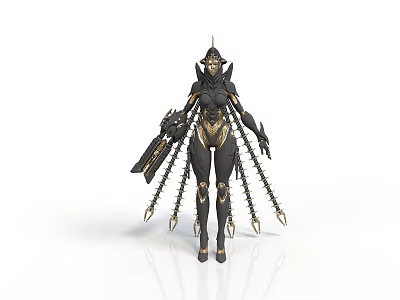 Mechanical Female Character Armored Design With Gold Black Accents Spikes And Combat Weapons 3d model