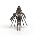 Mechanical Female Character Armored Design With Gold Black Accents Spikes And Combat Weapons