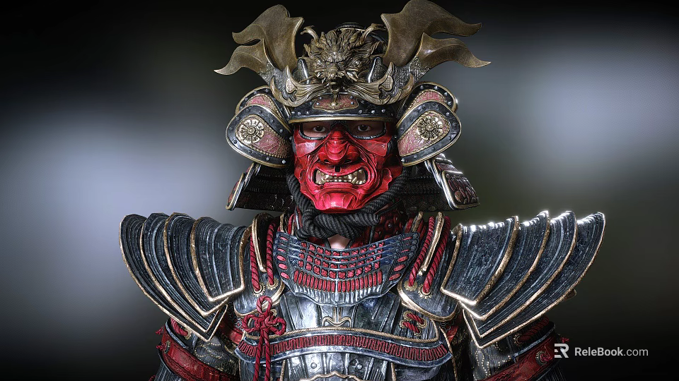 Red Faced Demon Character In Ornate Samurai Armor With Horned Helmet And Metallic Details 3d model 