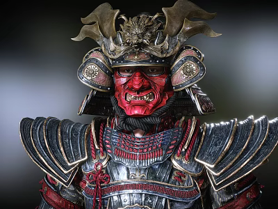 Red Faced Demon Character In Ornate Samurai Armor With Horned Helmet And Metallic Details 3d model