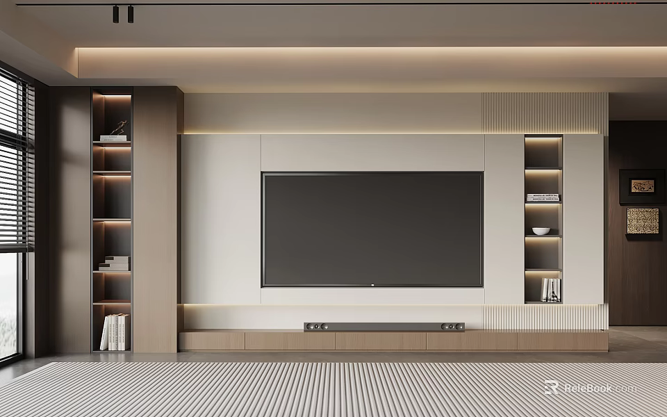 Modern TV Background Wall Design With Wooden Shelves And Ambient Lighting 3d model 