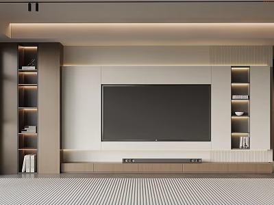 Modern TV Background Wall Design With Wooden Shelves And Ambient Lighting 3d model