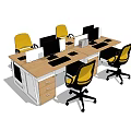 Modern Office Desk Setup With Multiple Computer Monitors Yellow Chairs And White Cabinets 3d model