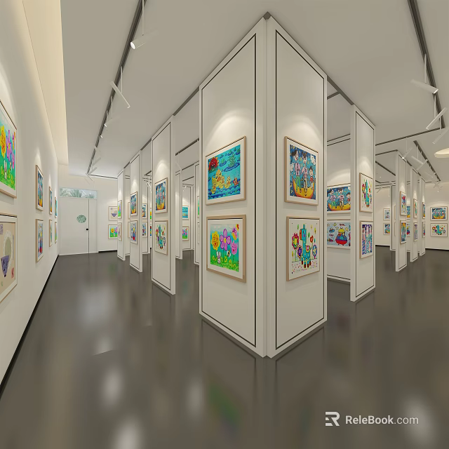 Art Gallery Exhibition Corridor With White Display Panels And Colorful Paintings 3d model 