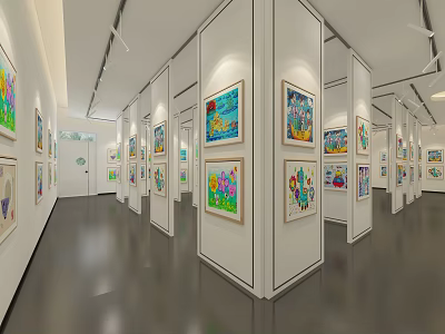 Art Gallery Exhibition Corridor With White Display Panels And Colorful Paintings 3d model