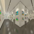 Art Gallery Exhibition Corridor With White Display Panels And Colorful Paintings