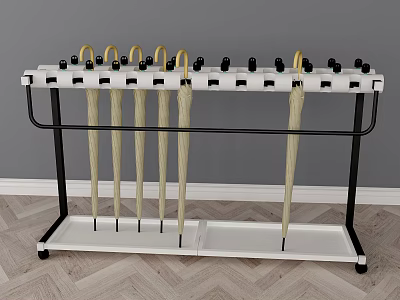 White Umbrella Stand With Multiple Beige Umbrellas Black Metal Frame And Tray 3d model