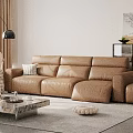Leisure Brown Leather Sofa Set With Marble Coffee Table Floor Lamp And Decorative Painting
