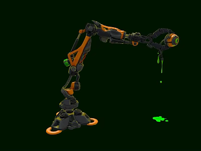 Industrial Robotic Arm with Orange and Black Design Featuring Green Liquid Dripping and Base Stains 3d model
