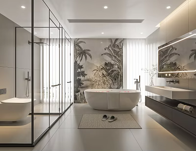Modern Bathroom Interior Design With Freestanding Bathtub Glass Shower And Tropical Plant Mural 3d model