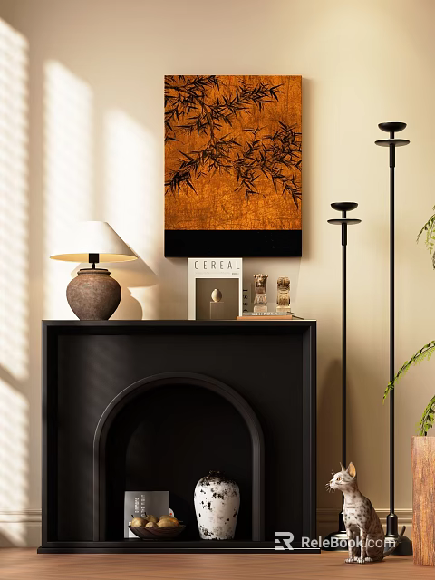 Black Fireplace Interior Design With Table Lamp Wall Painting Books And Decorative Items 3d model 