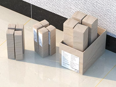 Stacked Cardboard Boxes With Labels In Different Sizes On Floor 3d model