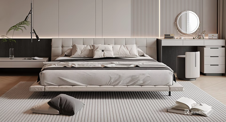 Modern Bedroom Interior With Double Bed Upholstered Headboard Pillows And Striped Rug 3d model 