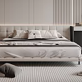 Modern Bedroom Interior With Double Bed Upholstered Headboard Pillows And Striped Rug