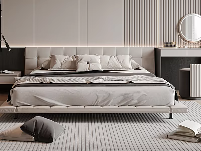 Modern Bedroom Interior With Double Bed Upholstered Headboard Pillows And Striped Rug 3d model