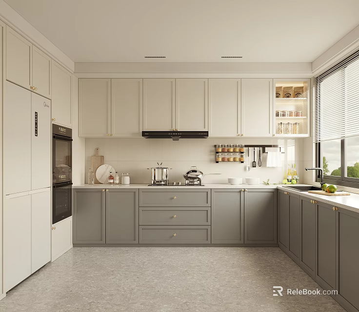 Modern Open Concept Kitchen Interior With White Gray Cabinets Island And Appliances 3d model 