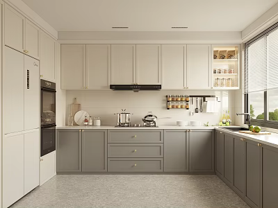 Modern Open Concept Kitchen Interior With White Gray Cabinets Island And Appliances 3d model