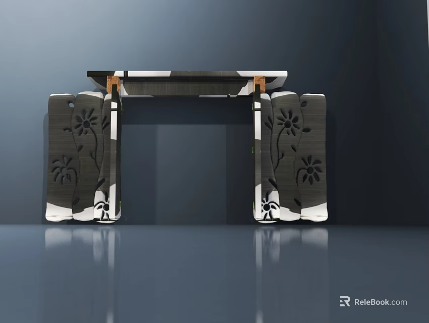 Modern Black And White Entrance Gate With Palm Leaf Carvings On Side Pillars 3d model 