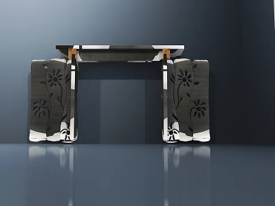 Modern Black And White Entrance Gate With Palm Leaf Carvings On Side Pillars 3d model