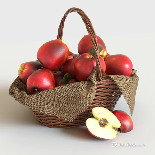 Fresh Red Apples in Wicker Basket with Burlap Lining and Sliced Apple 3d model 
