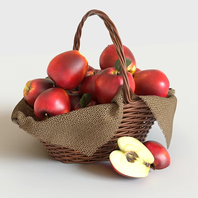 Fresh Red Apples in Wicker Basket with Burlap Lining and Sliced Apple 3d model