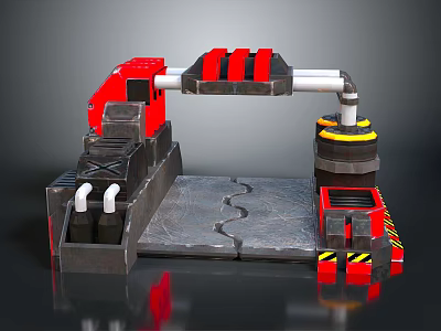 Industrial Mechanical Structure With Red Black Components Gray Platform And Warning Stripes 3d model