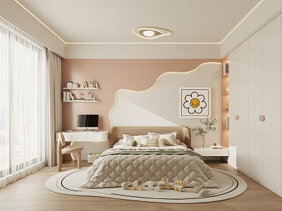 Cozy Children's Bedroom With Soft Colors Round Rug And Study Area 3d model