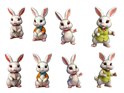Adorable Stuffed Rabbit Dolls In Various Poses With Colorful Outfits 3d model