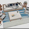 Modern Living Room Furniture Interior With Sofa Chairs Coffee Table Side Tables And Blue Pillows