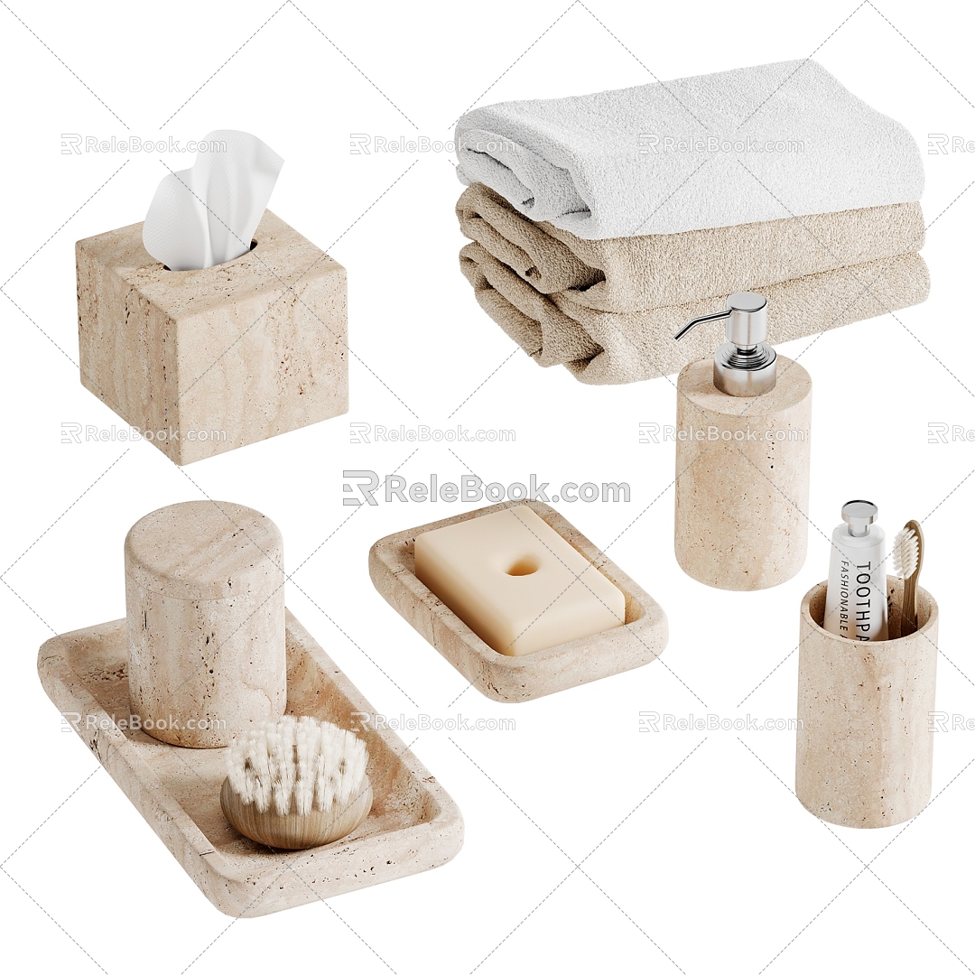 Bathroom products towel soap toilet paper toothbrush 3d model