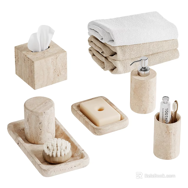Natural Stone Textured Bathroom Accessories Set With Towels Dispenser 3d model 