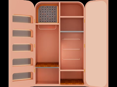 Pink Display Cabinet Shelving With Multiple Glass Doors Wooden Shelves And Internal Hooks 3d model