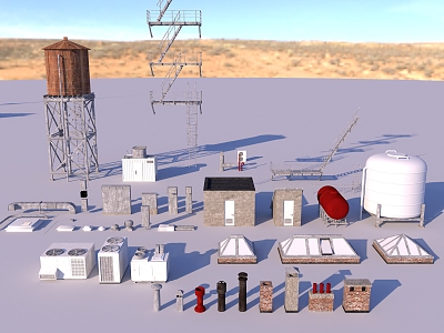 Water tower chimney air conditioning compressor distribution box lighting well water storage tank iron ladder 3d model