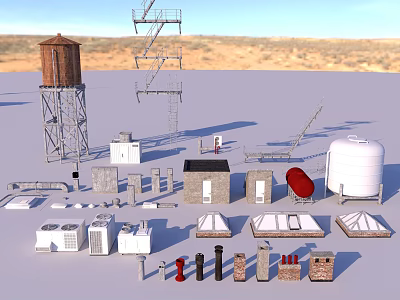 Industrial Equipment Assortment With Water Tower Metal Ladder Storage Tank Pipes And Building 3d model