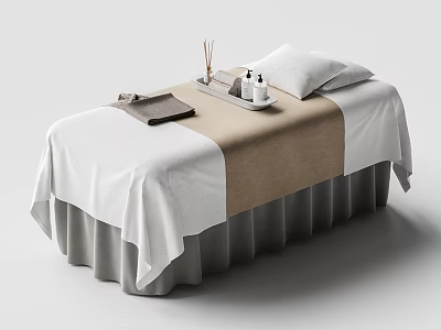 Massage Bed with White and Brown Bed Sheets Aromatherapy Sticks Towel and Pillow 3d model