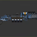 Sci Fi Spaceship Model In Blue Black With Yellow Details And Surrounding Small Rocks