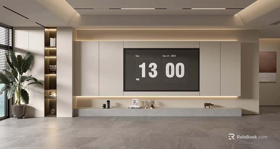 Modern TV Wall Design With LED Lighting Built In Cabinets And Decorative Display Shelves 3d model 