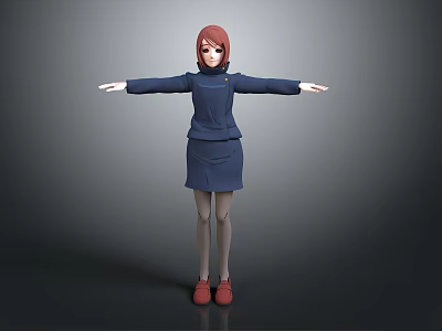 3D Game Movie Character With Red Hair Navy Outfit Gray Stockings Red Shoes Arms Outstretched 3d model