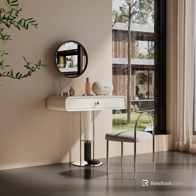 Modern Dressing Table Interior With Round Mirror Stool And Cosmetic Products In Natural Light 3d model 