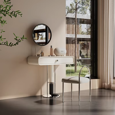 Modern Dressing Table Interior With Round Mirror Stool And Cosmetic Products In Natural Light 3d model