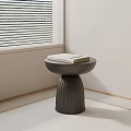 Modern Gray Side Table With Fluted Base And Books On Top By Window With Blinds 3d model