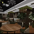 Elegant Restaurant Interior With Chandeliers Green Plants Round Tables And Green Chairs