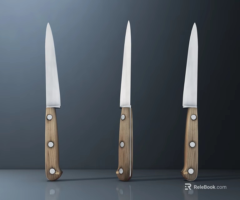 Three Kitchen Knives With Wooden Handles And Metal Blades On Gray Background 3d model 