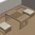 Minimalist Wooden Low Table With Chessboard Pattern And Padded Stools On Carpet 3d model