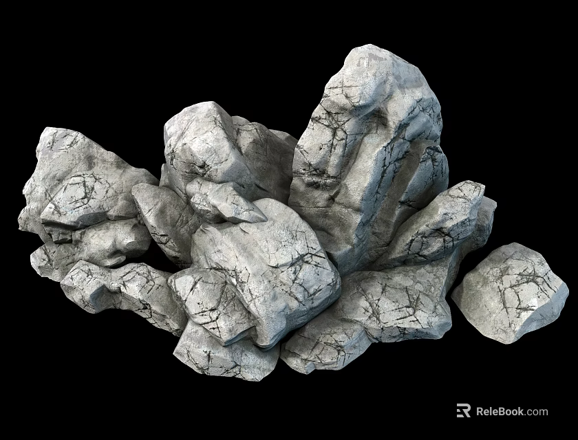 Gray Cracked Stones in Natural Pile with Rough Texture on Black Background 3d model 