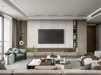 Modern Living Room Interior With Large Screen TV Sofa Coffee Table Green Plants And Bookshelves 3d model
