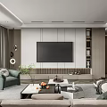 Modern Living Room Interior With Large Screen TV Sofa Coffee Table Green Plants And Bookshelves