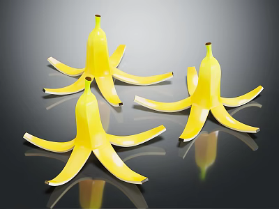 Three Yellow Peeled Bananas on Black Background with Shiny Reflection 3d model