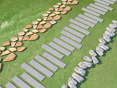 Garden Path Paving With Various Stone Slab Patterns On Green Lawn 3d model