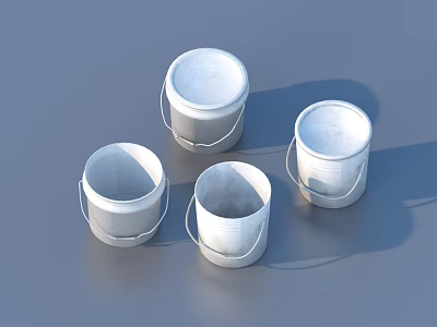 Set of Four White Household Buckets With Handles on Blue Surface 3d model